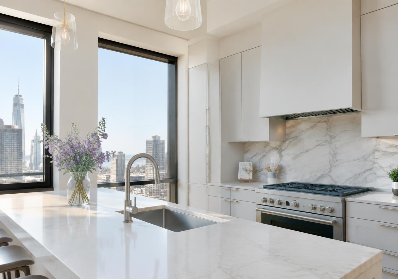 Bright, spotless Chicago kitchen with marble counters