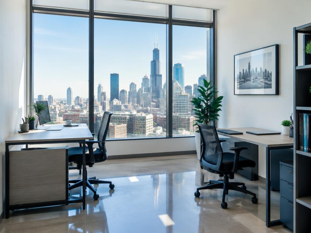 Clean Chicago office with skyline view